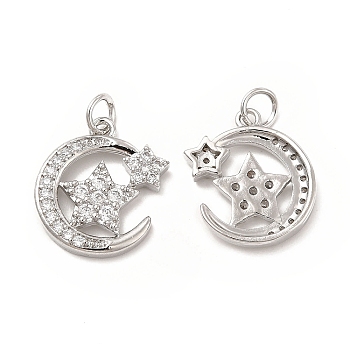 Brass Micro Pave Cubic Zirconia Pendants, with Jump Ring, Moon with Star Charm, Platinum, 17.3x15.5x2.5mm, Hole: 2.5mm