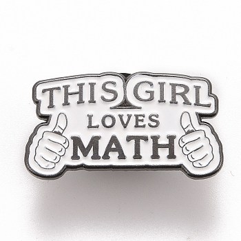 Word This Girl Loves Math Brooch, Thumb Alloy Badge for Backpack Clothes, Gunmetal, WhiteSmoke, 16x28.5x1.5mm, Pin: 1.2mm