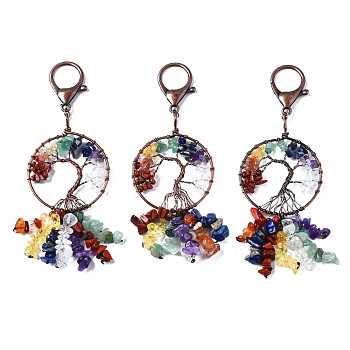 Natural Mixed Gemstone Keychain Clasps, with Red Copper Brass Findings & Lobster Clasp, Flat Round, Colorful, 132~146x45.5mm