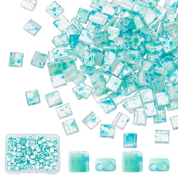 200pcs 2-Hole Glass Seed Beads, Opaque Spray Painted, Rectangle, Pale Turquoise, 5x4.5~5x2~2.5mm, Hole: 0.5~0.8mm