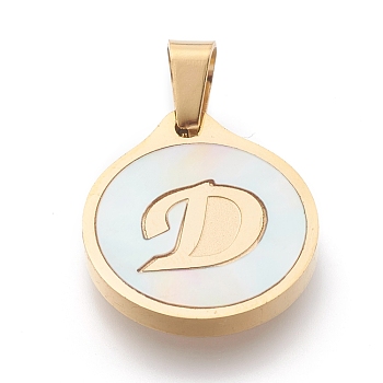 304 Stainless Steel Pendants, with Shell, Flat Round with Alphabet, Golden, Letter.D, 20.5x18x2.5mm, Hole: 7x4mm