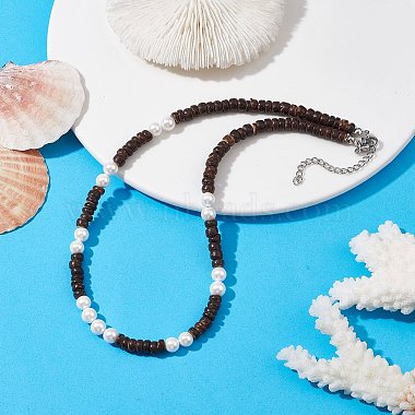 Colliers de perles en colonne de noix de coco naturelle et perles de coquillage pour femmes(NJEW-JN04666)-2