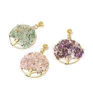 Natural Mixed Gemstone Chips European Dangle Charms, Large Hole Pendant, with Golden Plated Alloy Findings, Flat Round with Tree of Life, 54mm, Pendant: 42.5x39x5mm, Hole: 4.8mm(PALLOY-JF01908)