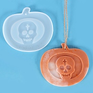 DIY Pendants Silicone Statue Molds, Resin Casting Molds, UV Resin, Epoxy Resin Craft Making, Halloween Theme, Pumpkin with Skull, White, 98x111x7mm, Hole: 2.8mm(DIY-E049-09)