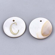 Natural Freshwater Shell Pendants, with Golden Plated Brass Etched Metal Embellishments, Flat Round with Letter, Letter.C, 15x2mm, Hole: 1.2mm(SHEL-N027-04C)