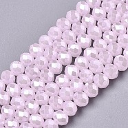 Electroplate Glass Beads Strands, Imitation Jade Beads, Pearl Luster Plated, Faceted, Rondelle, Pink, 8x5mm, Hole: 0.5mm, about 63~64pcs/strand, 15.7~16.1 inch(40~41cm)(EGLA-A034-J8mm-A09)