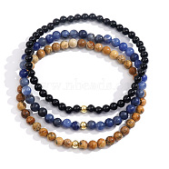 Natural Sodalite & Pictue Jasper & Black Stone Round Beaded Stretch Bracelets for Men, 7-7/8 inch(20cm), Inner Diameter: 7-1/4 inch(18.5cm)(MK6140)