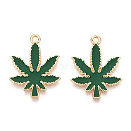 Alloy Enamel Pendants, Cadmium Free & Nickel Free & Lead Free, Light Gold, Pot Leaf/Hemp Leaf Shape Charm, Dark Green, 30x22x1.4mm, Hole: 2mm(PALLOY-E028-14C-03)