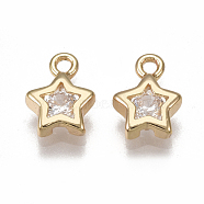 Brass Cubic Zirconia Charms, Nickel Free, Real 18K Gold Plated, Star, Clear, 8x6x2mm, Hole: 1.2mm(KK-T038-356G)