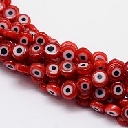 Handmade Evil Eye Lampwork Flat Round Bead Strands, Red, 6x3mm, Hole: 1mm, about 65pcs/strand, 14 inch(LAMP-L058-6mm-06)