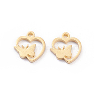 304 Stainless Steel Charms, Laser Cut, Heart with Butterfly, Golden, 10.5x9x1mm, Hole: 1.2mm(STAS-I151-26G)