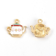 Zinc Alloy Enamel Pendant, Light Gold, Teapot, White, 17x18x3mm, Hole: 1.8mm(ENAM-CJC0004-22B)