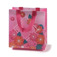 Mother's Day Theme Printed Flower Non-Woven Reusable Folding Gift Bags with Handle, Portable Waterproof Shopping Bag for Gift Wrapping, Rectangle, Hot Pink, 11x21.5x23cm, Fold: 28x21.5x0.1cm(ABAG-F009-C03)