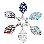 Polymer Clay Rhinestone Pendants, with Gemstone Chip/Natural Shell Chip and PU Leather, Horse Eye, Platinum, PP12(1.8~1.9mm), 41~42x25x6~7mm,  Hole: 9x5mm(RB-S056-12A-P)