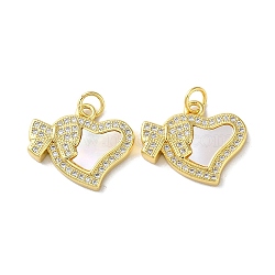 Valentine"s Day Brass Micro Pave Clear Cubic Zirconia Pendants, with Shell, Heart, Real 18K Gold Plated, 16.5x19x3mm, Hole: 3.5mm(KK-B083-41B-G)