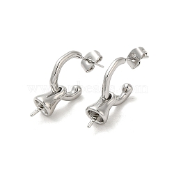 Brass Stud Earring Findings, with 925 Sterling Silver Pins, for Half Drilled Beads, Real Platinum Plated, 24x7mm, Pin: 12x0.8mm and 1mm(for Half Drilled Beads)(KK-M270-26P)