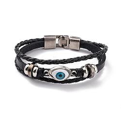 Multi- Strand Leather Cord Bracelets, with Alloy Findings, Evil Eye, Black, 220mm(8-5/8 inch)(BJEW-D423-06A)