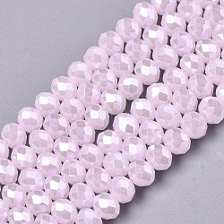 Electroplate Glass Beads Strands, Imitation Jade Beads, Pearl Luster Plated, Faceted, Rondelle, Pink, 8x6mm, Hole: 1mm, about 68~70pcs/strand, 16 inch(40cm)(EGLA-A034-J8mm-A09)
