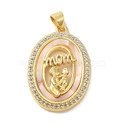 Mother's Day Brass Micro Pave Clear Cubic Zirconia Pendants, Real 16K Gold Plated, with Shell, Oval, 31x20x3.5mm, Hole: 4x3.5mm(FIND-Z041-21A)