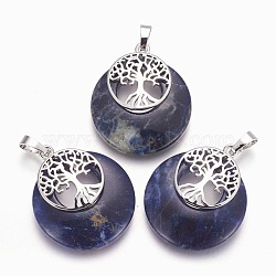Natural Sodalite Pendants, with Platinum Tone Brass Findings, Flat Round with Tree of Life, 32.5~33x27.5~28x5~6mm, Hole: 5x7mm(G-F573-C14)