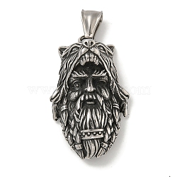 316 Surgical Stainless Steel Pendants, Viking Odin Wolf Head Charm, Antique Silver, 41x24x17mm, Hole: 4x8mm(STAS-Z073-69AS)