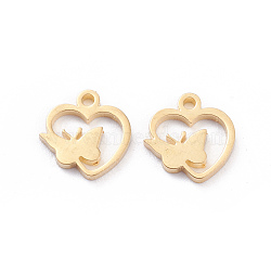 304 Stainless Steel Charms, Laser Cut, Heart with Butterfly, Golden, 10.5x9x1mm, Hole: 1.2mm(STAS-I151-26G)