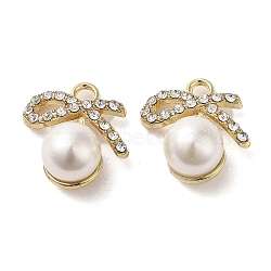 Alloy with Rhinestone Pendants, with ABS Imitation Pearl, Bowknot Charms, Golden, 18.5x18x10mm, Hole: 2.5mm(FIND-B032-12G)