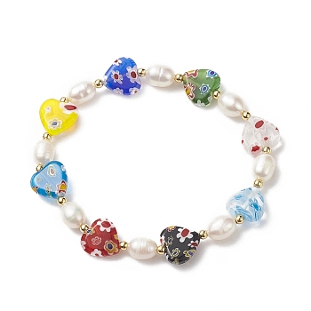 Millefiori Glass Heart & Natural Pearl Beaded Stretch Bracelet for Women, Colorful, Inner Diameter: 2-1/8 inch(5.5cm)