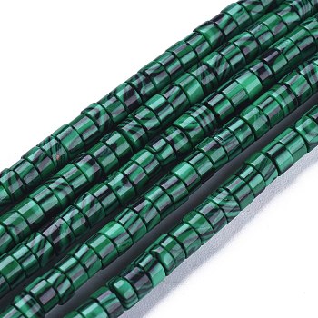 Synthetic Malachite Beads Strands, Heishi Beads, Flat Round/Disc, 4x2mm, Hole: 0.6mm, about 149~171pcs/Strand, 15.35 inch~15.55 inch(39~39.5cm)