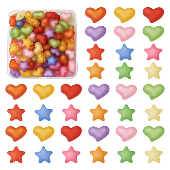 100Pcs 2 Style Frosted Acrylic Beads, Bead in Bead, Star & Heart, Mixed Color, 50pcs/style