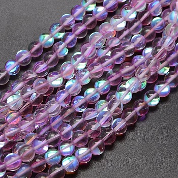 Synthetic Moonstone Beads Strands, Dyed, Holographic Beads, Half AB Color Plated, Round, Medium Orchid, 6mm, Hole: 1mm, about 64pcs/strand, 15 inch