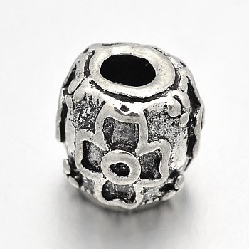 Tibetan Style Alloy Barrel with Flower Beads, Cadmium Free & Lead Free, Antique Silver, 8x8mm, Hole: 3mm, about 500pcs/1000g