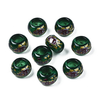 Flower Printed Transparent Acrylic Rondelle Beads, Large Hole Beads, Green, 15x9mm, Hole: 7mm