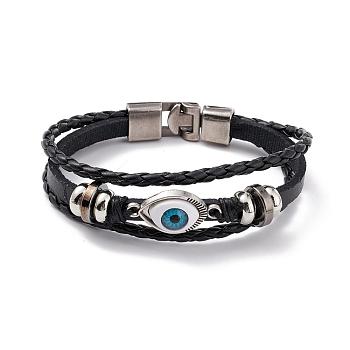 Multi- Strand Leather Cord Bracelets, with Alloy Findings, Evil Eye, Black, 220mm(8-5/8 inch)