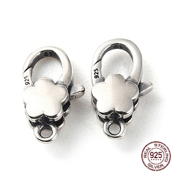 925 Thailand Sterling Silver Lobster Claw Clasps, Flower, with 925 Stamp, Antique Silver, 12.5x7.5x4mm, Hole: 1.2mm