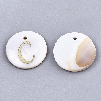 Natural Freshwater Shell Pendants, with Golden Plated Brass Etched Metal Embellishments, Flat Round with Letter, Letter.C, 15x2mm, Hole: 1.2mm