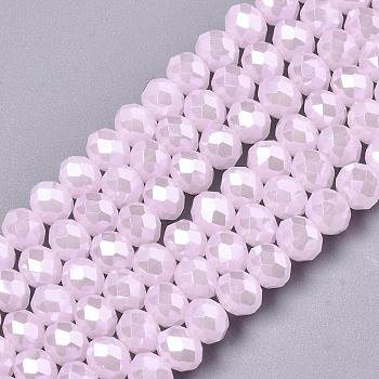 Electroplate Glass Beads Strands, Imitation Jade Beads, Pearl Luster Plated, Faceted, Rondelle, Pink, 8x5mm, Hole: 0.5mm, about 63~65pcs/strand, 39~40cm