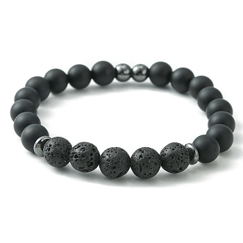 Natural Lava Rock & Black Agate & Synthetic Hematite Beaded Stretch Bracelets, Inner Diameter: 2-1/8 inch(5.3cm)