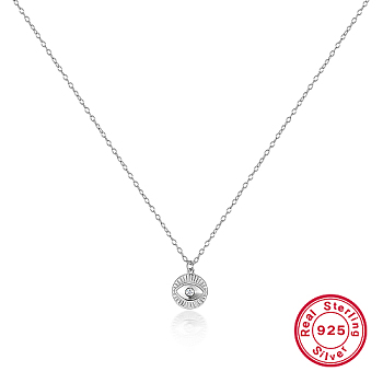 Rhodium Plated 925 Sterling Silver Evil Eye Pendant Necklaces, with Clear Cubic Zirconia, Platinum, 15.35 inch(39cm)