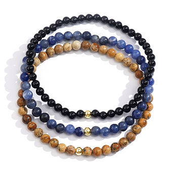 Natural Sodalite & Pictue Jasper & Black Stone Round Beaded Stretch Bracelets for Men, 7-7/8 inch(20cm), Inner Diameter: 7-1/4 inch(18.5cm)