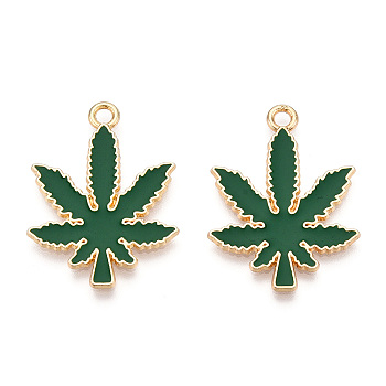 Alloy Enamel Pendants, Cadmium Free & Nickel Free & Lead Free, Light Gold, Pot Leaf/Hemp Leaf Shape Charm, Dark Green, 30x22x1.4mm, Hole: 2mm