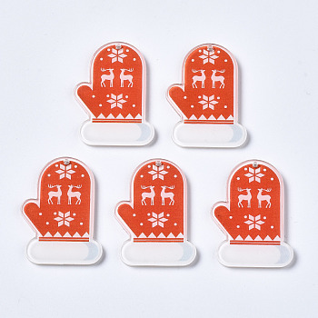 Transparent Printed Acrylic Pendants, Christmas, Glove with Christmas Reindeer , Orange Red, 34.5x24.5x2.5mm, Hole: 1.5mm