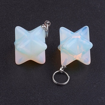 Opalite Pendants, with 201 Stainless Steel Split Rings, Stainless Steel Color, Merkaba Star, 22~23x16.5~17x19mm, Hole: 6mm