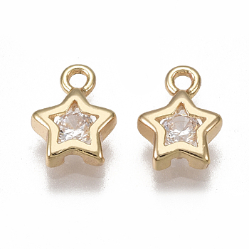 Brass Cubic Zirconia Charms, Nickel Free, Real 18K Gold Plated, Star, Clear, 8x6x2mm, Hole: 1.2mm