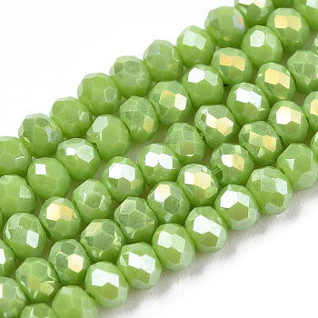 Electroplate Glass Beads Strands, Opaque Solid Color, AB Color Plated, Faceted, Rondelle, Olive, 3.5~3.8x3mm, Hole: 0.4mm, about 113~115pcs/strand, 32.5~33cm