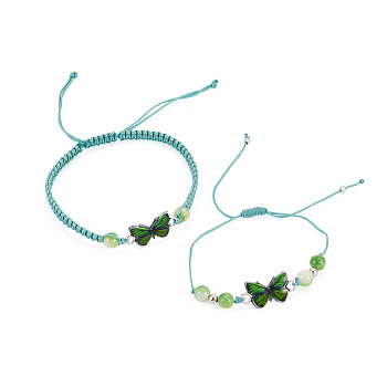 Adjustable Nylon Braided Bead Bracelets, Alloy Butterfly Link Bracelets for Women, Dark Sea Green, Inner Diameter: 5/8 ~3-3/8 inch(1.5~8.5cm), 2pcs/set