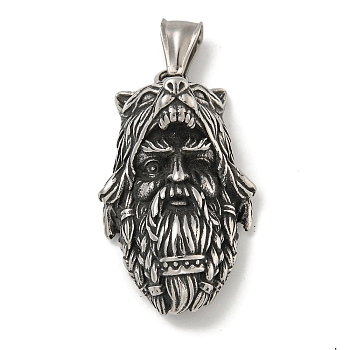 316 Surgical Stainless Steel Pendants, Viking Odin Wolf Head Charm, Antique Silver, 41x24x17mm, Hole: 4x8mm