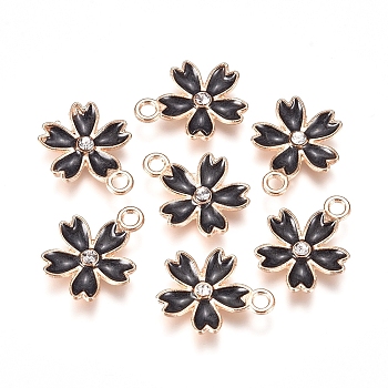 Alloy Enamel Pendants, with Crystal Rhinestone, Sakura Flower, Golden, Black, 17x14x2.5mm, Hole: 1.6mm