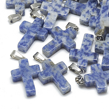 Natural Blue Spot Jasper Pendants, with Stainless Steel Snap On Bails, Cross, 29~30x18~19x5~6mm, Hole: 6x4mm