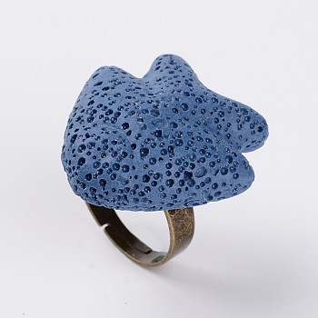 Adjustable Fish Lava Rock Gemstone Finger Rings, with Platinum Plated Brass Findings, Cornflower Blue, 19mm